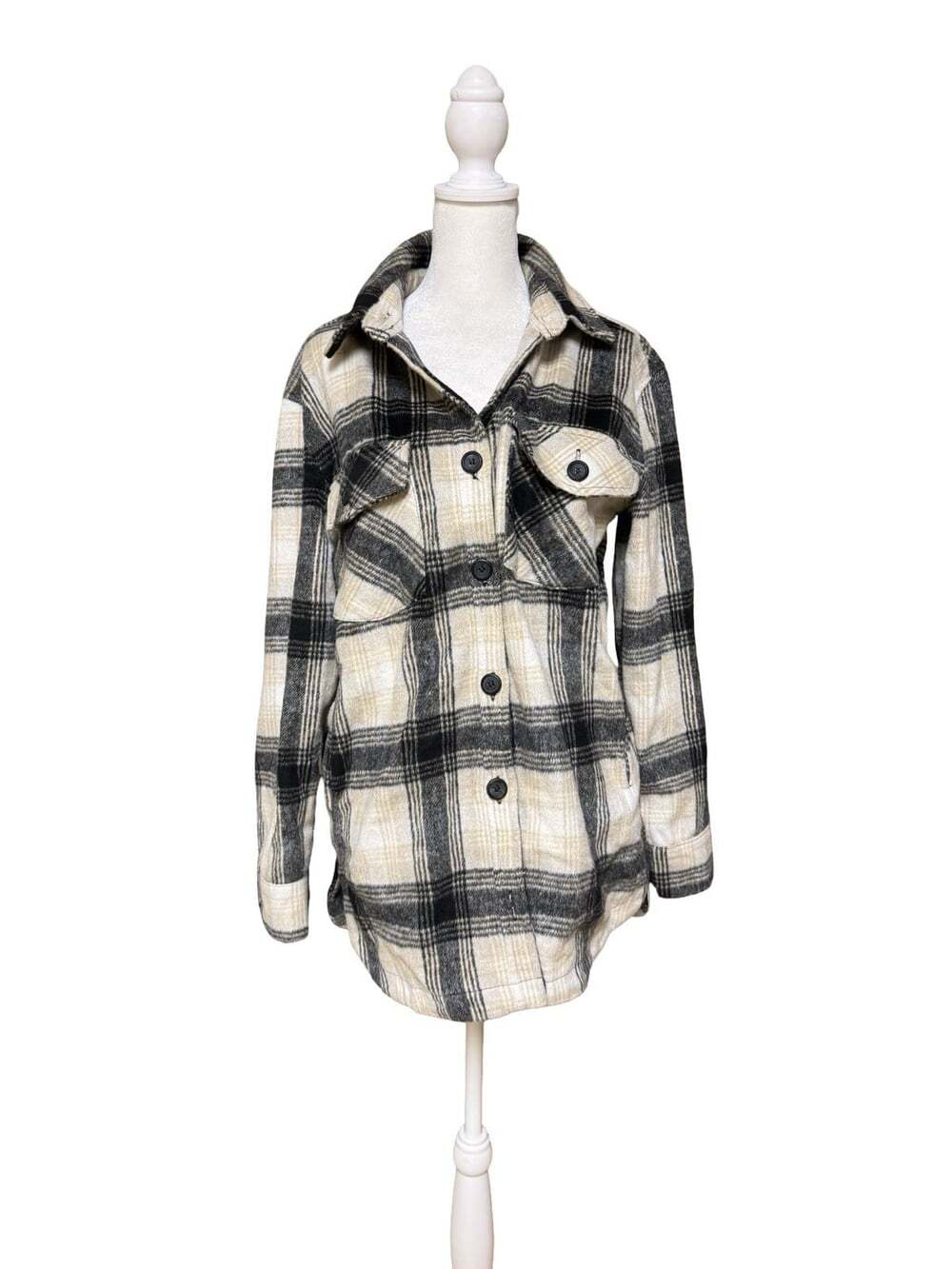 Thread & Supply Black Tan Plaid Flannel Button Collared Pocket Shacket S